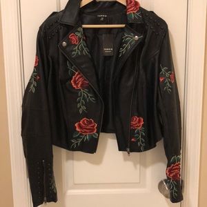 Embroidered Faux Leather Jacket